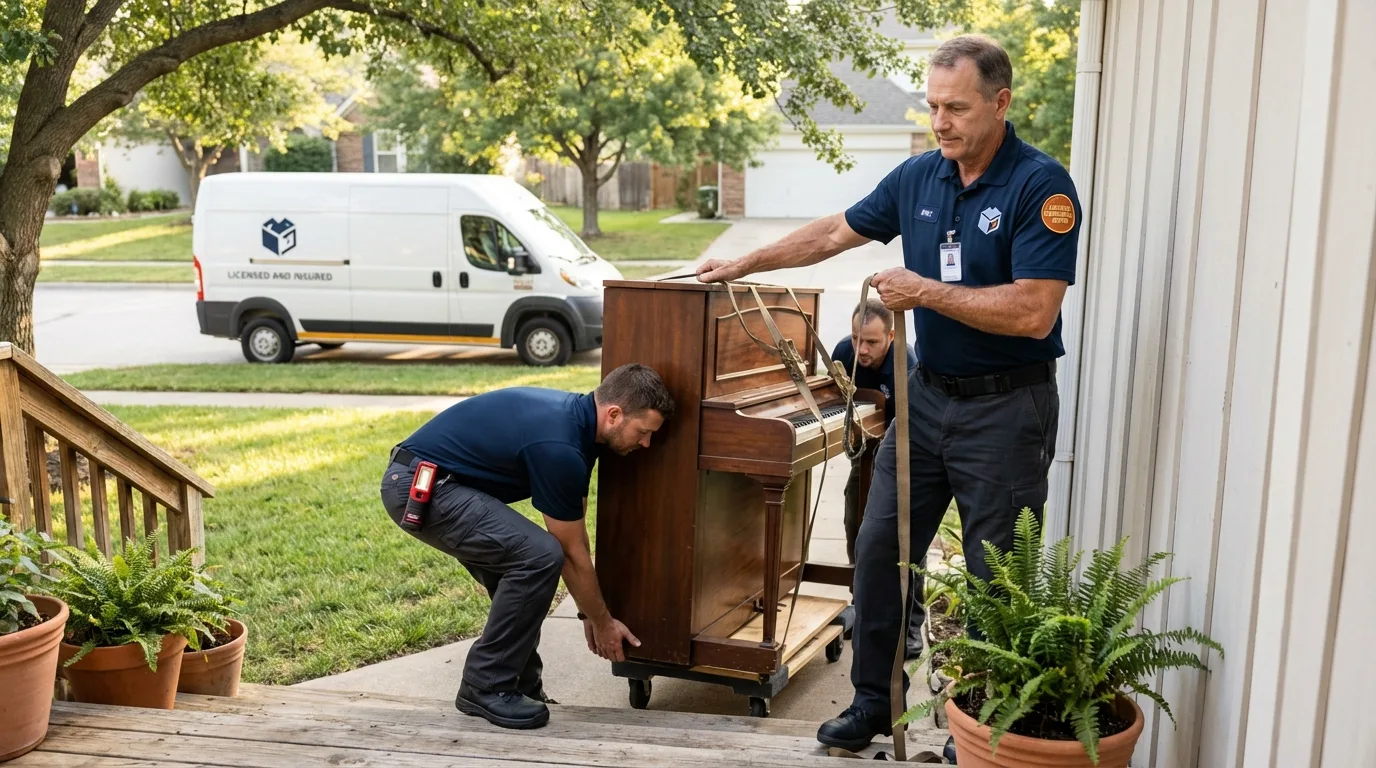 Licensed piano movers securing grand piano in Eaton, CO
