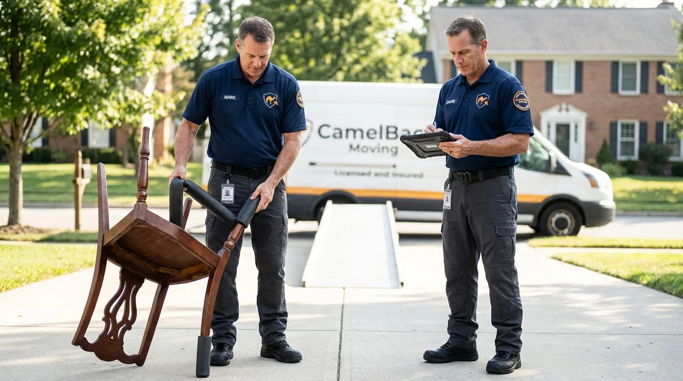 Movers inspecting furniture for damage prevention before loading in Eaton, CO