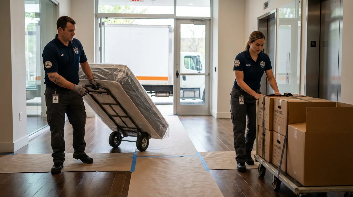 Professional apartment movers loading elevator in Eaton, CO