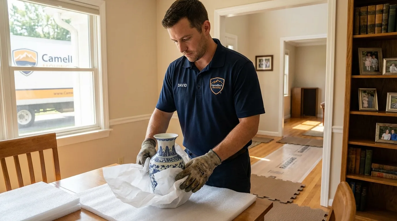 Professional crew carefully wrapping antique vase for senior downsizing move in Eaton, CO